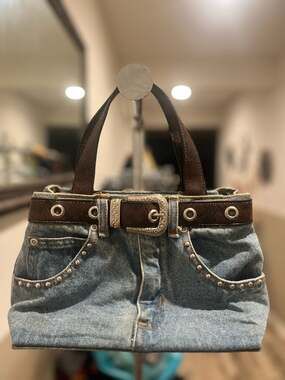 Vintage Minghaos Y2K Denim Jean Handbag with Faux Snake Belt and Silver Western